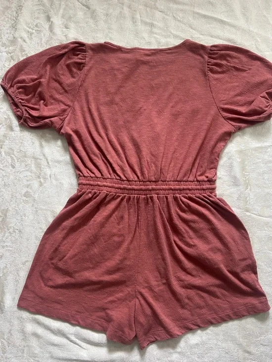 Nine West Rust Dusty Rose Romper Size L Puff Sleeve Elastic Waist Casual Summer - Picture 8 of 10